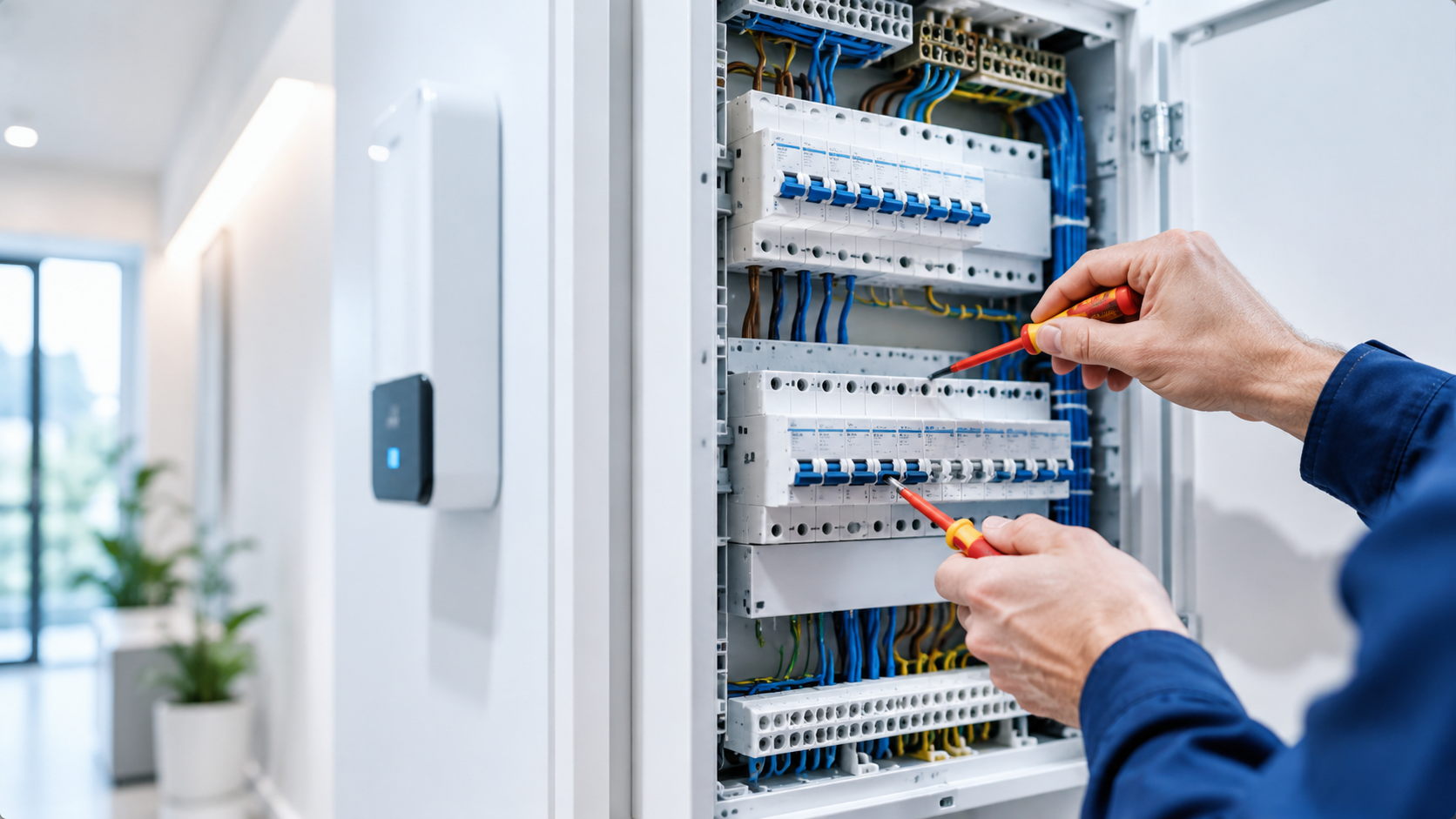 Elektryk pracujący przy nowoczesnej rozdzielnicy elektrycznej